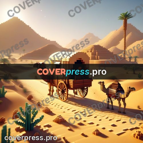 Voxel illustration: camel wagon in the desert