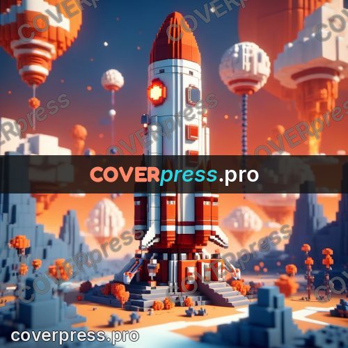 Voxel illustration: rocket on a launch pad