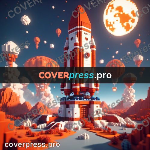 Voxel illustration: rocket on a launch pad