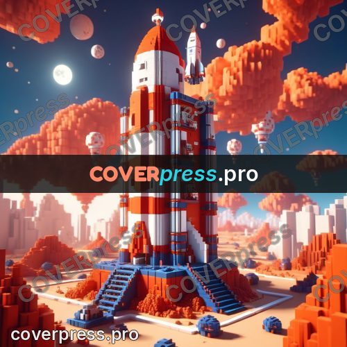 Voxel illustration: rocket on a launch pad