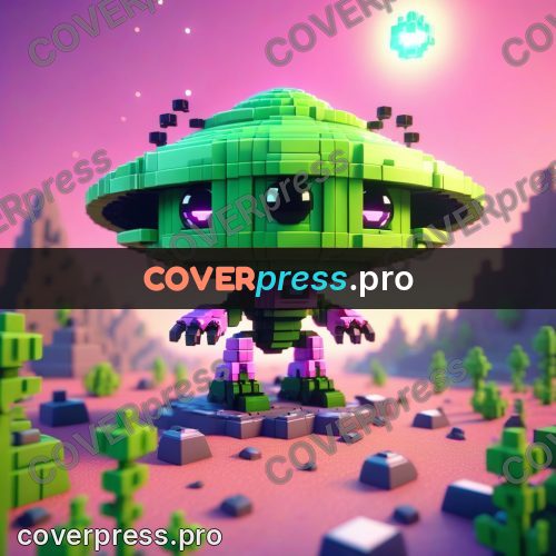 Voxel illustration: green alien with a flying saucer