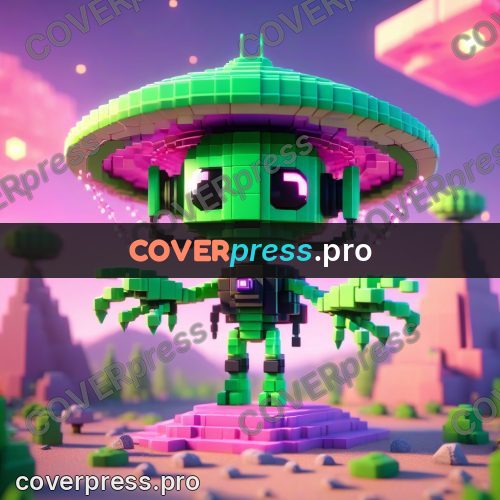 Voxel illustration: green alien with a flying saucer