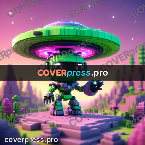 Voxel illustration: green alien with a flying saucer