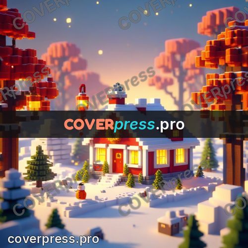 Voxel illustration: snowman by red houses