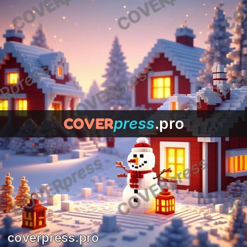 Voxel illustration: snowman by red houses