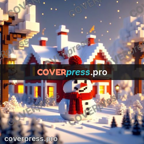 Voxel illustration: snowman by red houses