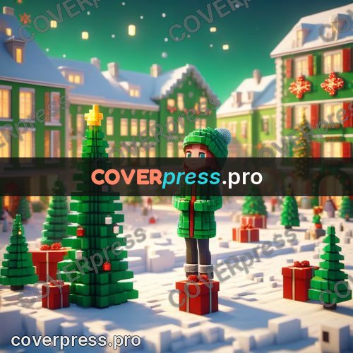 Voxel illustration: christmas tree on a town square