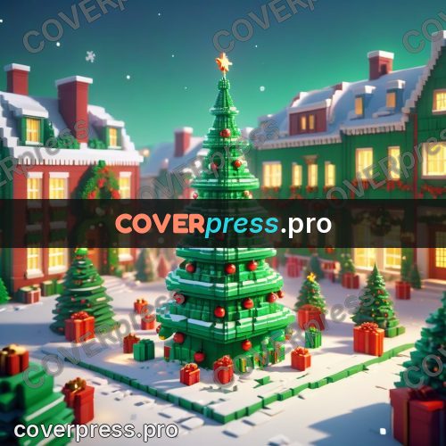 Voxel illustration: christmas tree on a town square