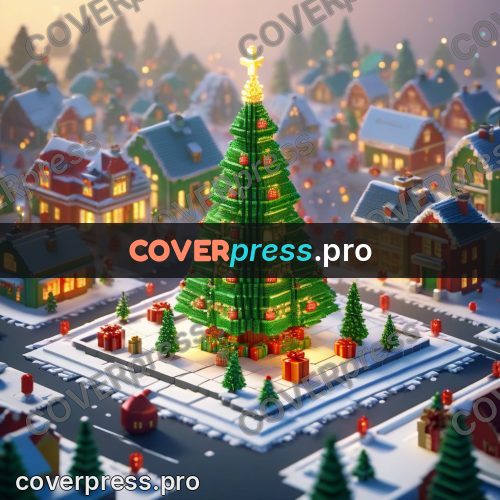 Voxel illustration: christmas tree on a town square