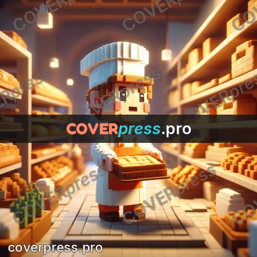 Voxel illustration: baker with bread in a bakery