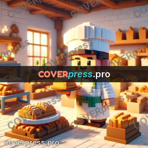 Voxel illustration: baker with bread in a bakery