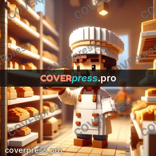 Voxel illustration: baker with bread in a bakery