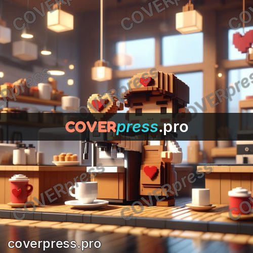 Voxel illustration: barista behind a cafe counter