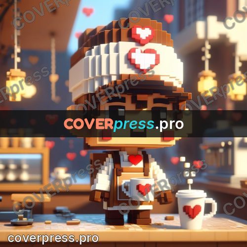 Voxel illustration: barista behind a cafe counter