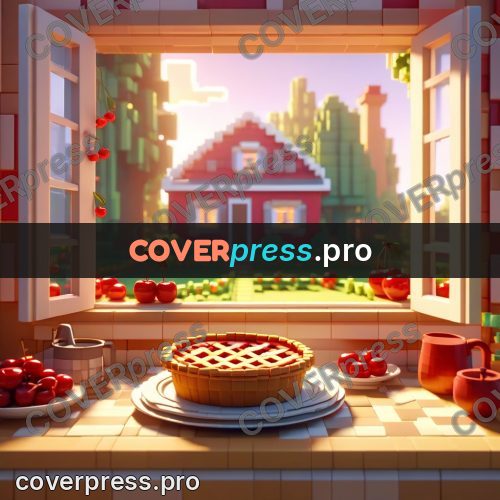 Voxel illustration: cherry pie on a windowsill