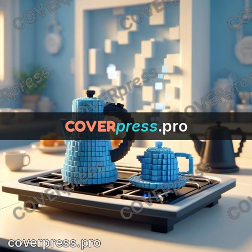 Voxel illustration: blue kettle on a stove