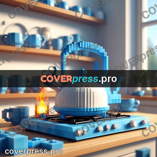 Voxel illustration: blue kettle on a stove