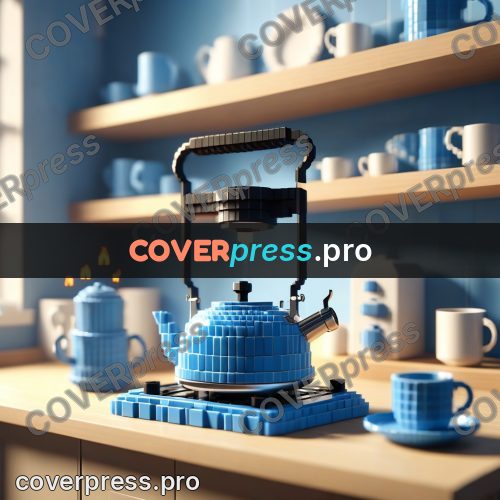 Voxel illustration: blue kettle on a stove