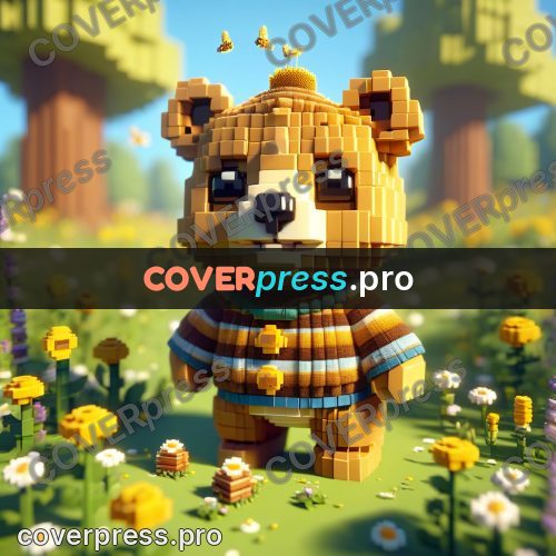 Voxel illustration: bear cub in a flower meadow