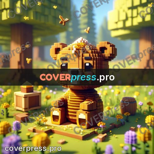 Voxel illustration: bear cub in a flower meadow