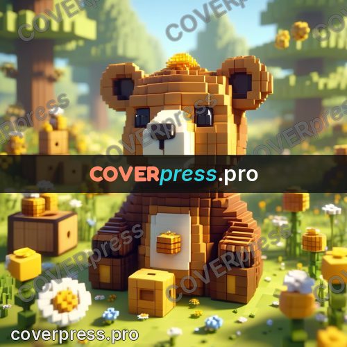 Voxel illustration: bear cub in a flower meadow
