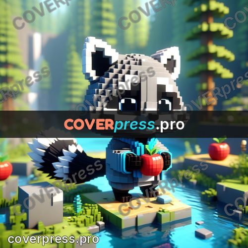 Voxel illustration: raccoon holding a red apple