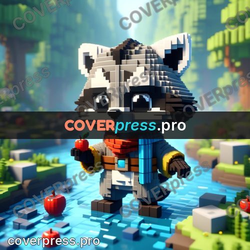 Voxel illustration: raccoon holding a red apple