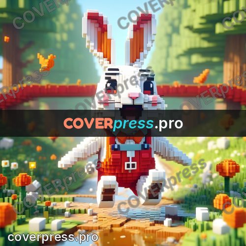 Voxel illustration: white rabbit in a red jacket