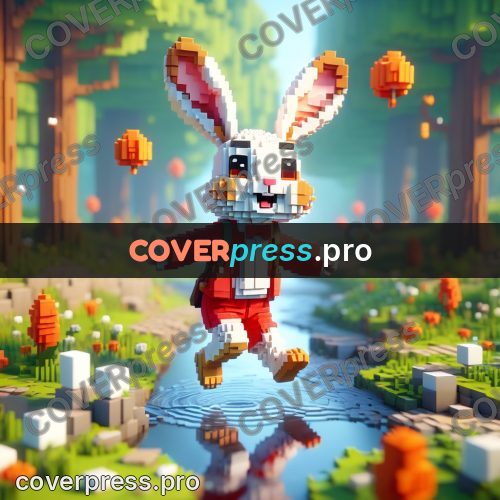 Voxel illustration: white rabbit in a red jacket