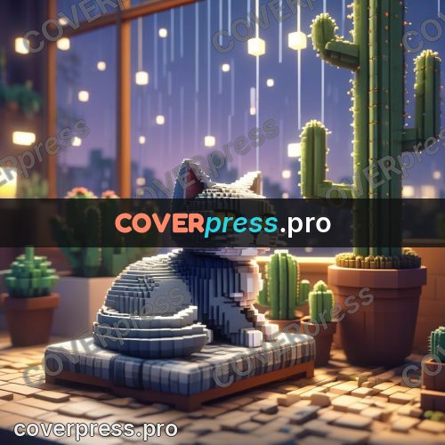 Voxel illustration: grey cat by a window