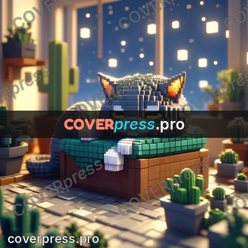 Voxel illustration: grey cat by a window