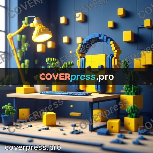 Voxel illustration: desk with a yellow lamp