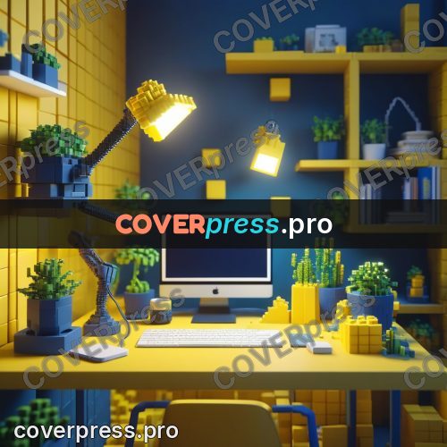 Voxel illustration: desk with a yellow lamp