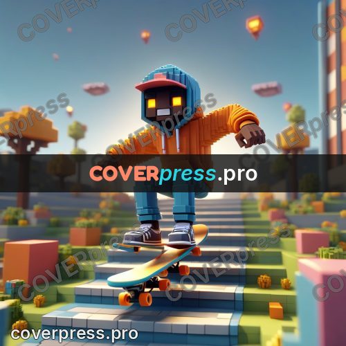 Voxel illustration: skateboarder in a hoodie on steps