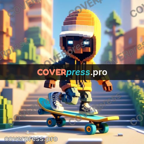 Voxel illustration: skateboarder in a hoodie on steps