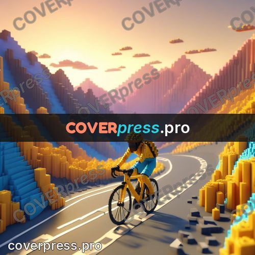 Voxel illustration: cyclist on a mountain road