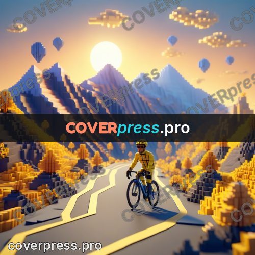 Voxel illustration: cyclist on a mountain road