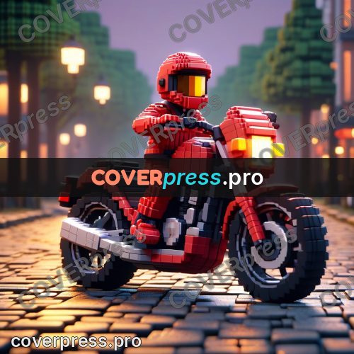 Voxel illustration: motorcyclist in a red helmet