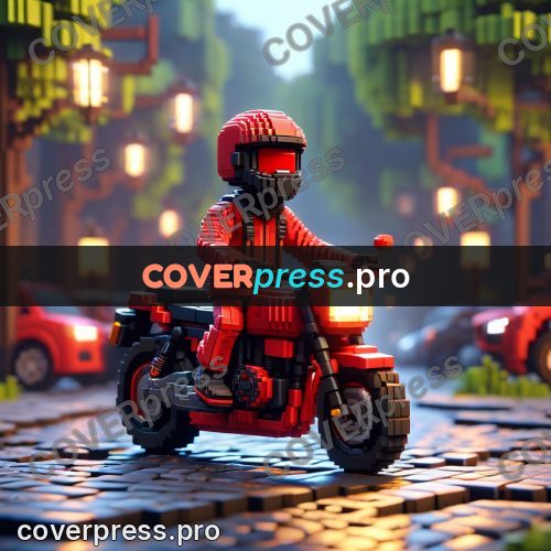 Voxel illustration: motorcyclist in a red helmet