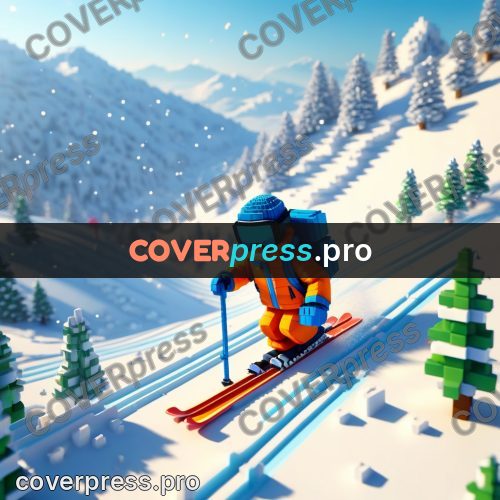 Voxel illustration: skier on a snowy slope