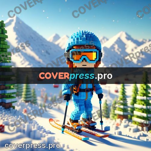 Voxel illustration: skier on a snowy slope