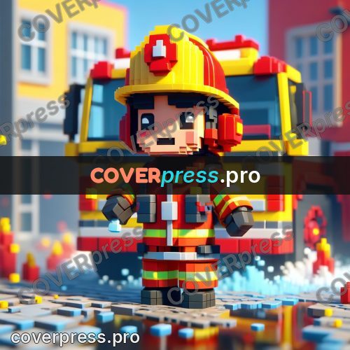 Voxel illustration: firefighter in a yellow helmet