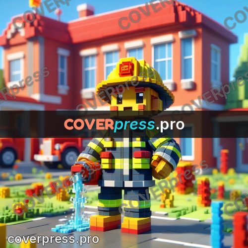 Voxel illustration: firefighter in a yellow helmet