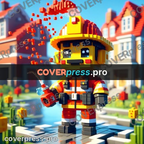 Voxel illustration: firefighter in a yellow helmet
