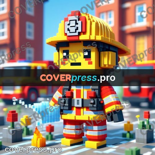Voxel illustration: firefighter in a yellow helmet