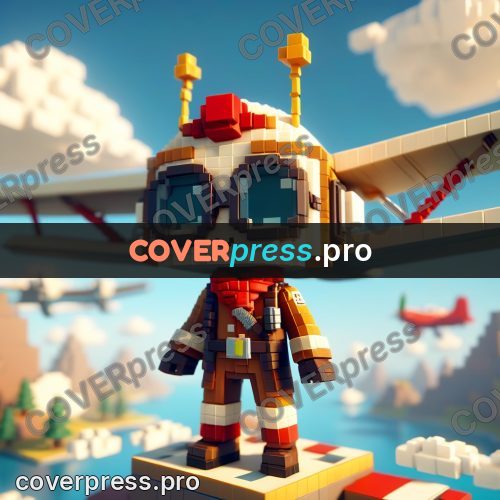 Voxel illustration: pilot in goggles by a plane