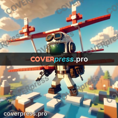 Voxel illustration: pilot in goggles by a plane