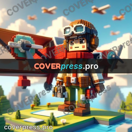 Voxel illustration: pilot in goggles by a plane