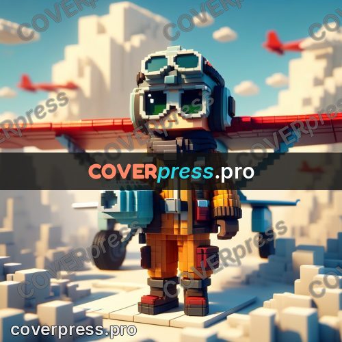 Voxel illustration: pilot in goggles by a plane