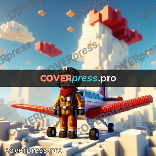 Voxel illustration: pilot in goggles by a plane